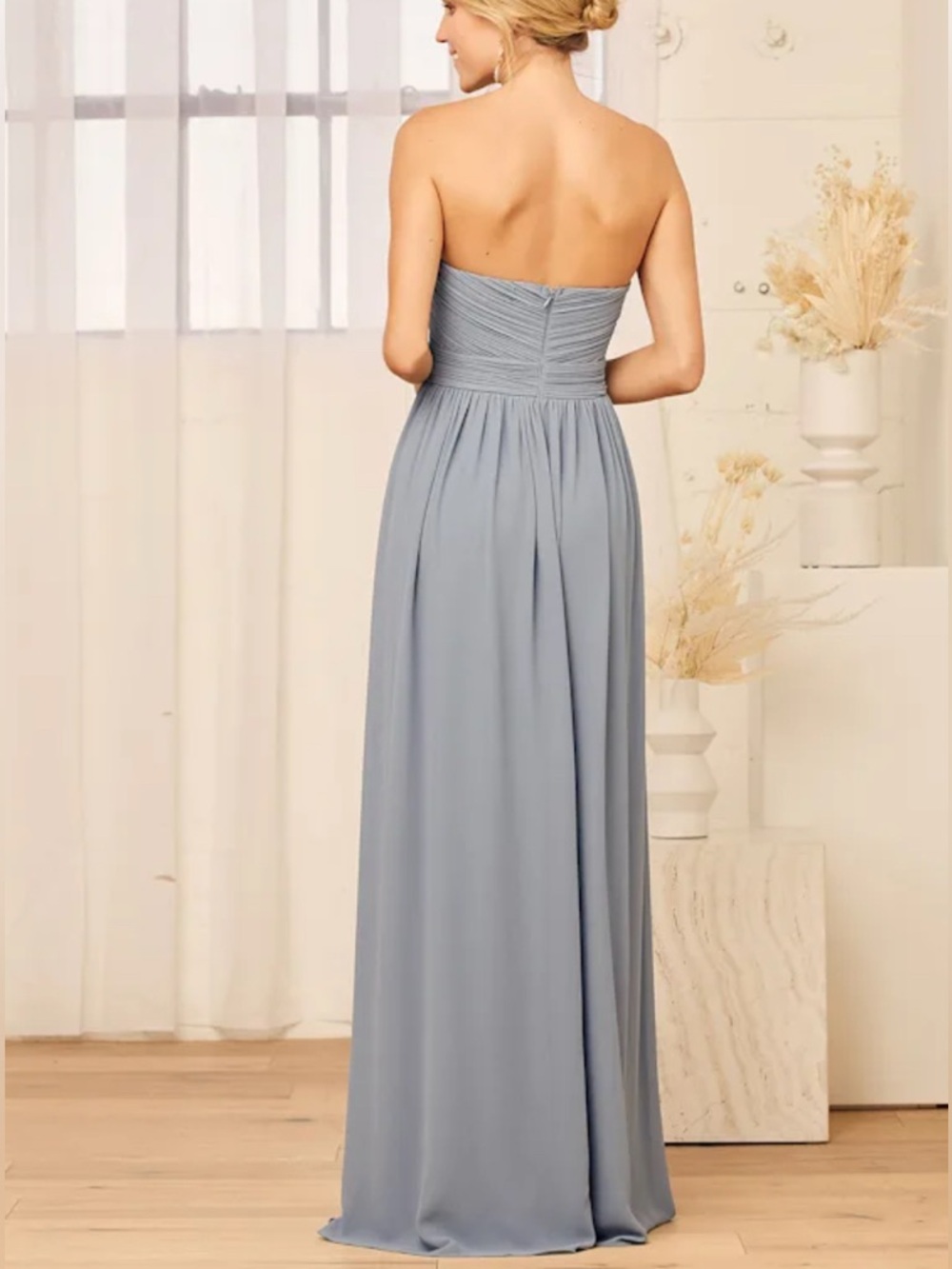 Lulu's Strapless Ruched Bodice A-Line Dress in Dusty Blue